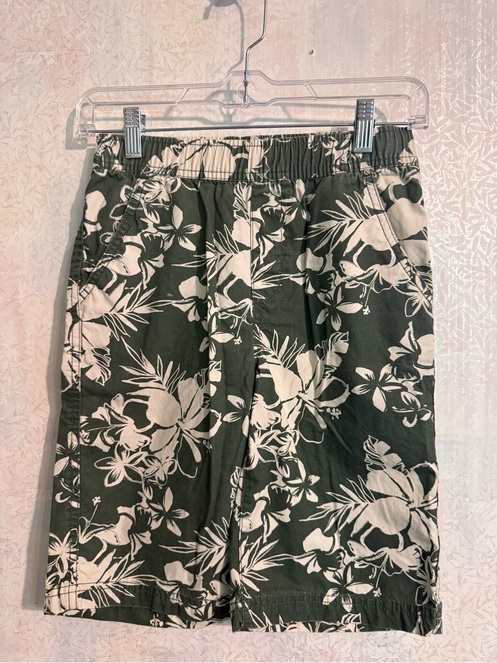 The Children's Place Olive Green and Cream Hawaiian Floral Pull-On Shorts, Sz 10